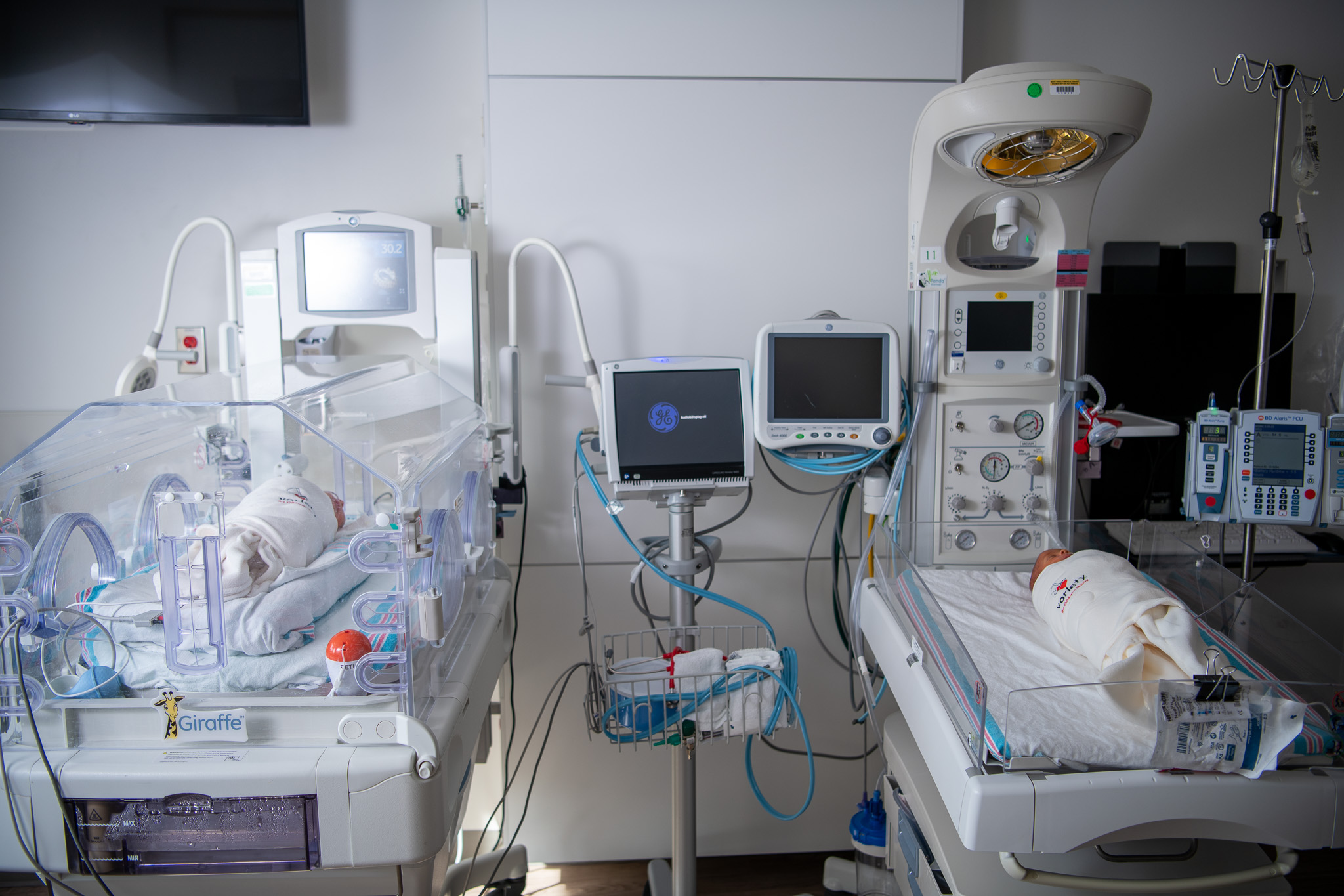 After being born seven weeks early, twins Daniel and Elinor, benefitted from the Giraffe Incubators (left) and Panda Warmers (right) at Mary Greeley Medical Center. The units provide a nurturing, life-sustaining environments that foster growth by offering a warm and comfortable space for infants in need of neonatal intensive care services.